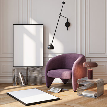 Modern Living Room Poster Frame Mockup with Natural Light and Minimalist Decoration. 3D render.