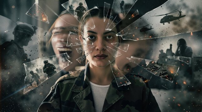 Woman veteran struggling with ptsd and mental health issues. Traumatic military memories and flashbacks concept