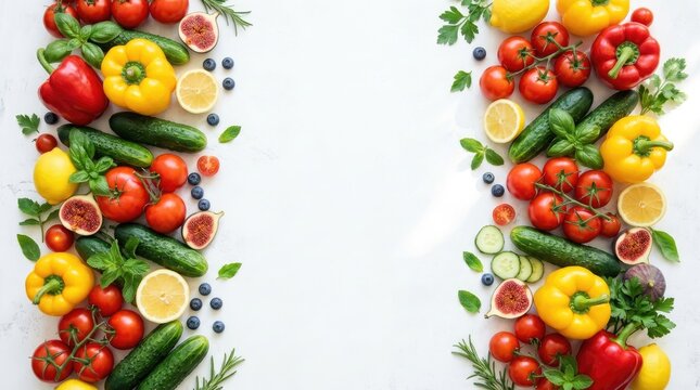 A vibrant and colorful flat lay arrangement of fresh vegetables and fruits perfect for a