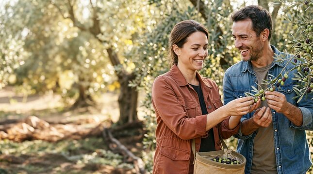 Happy couple picking olives together in an orchard. Smiling man and woman harvesting fresh olives during harvest season