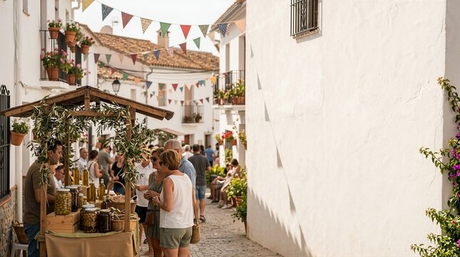Outdoor market street during an olive festival in a Spanish village. People shopping at a wooden stall with olive oil and jars