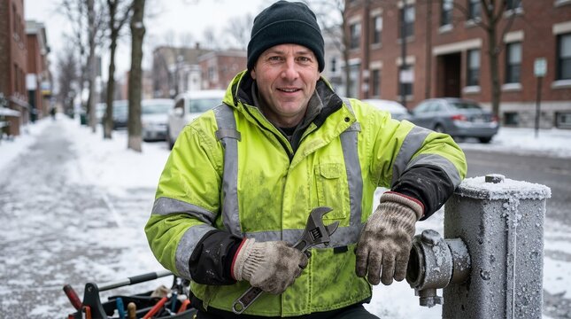 City utility worker with wrench on winter street. Municipal service maintenance technician outdoors in snow. For construction and infrastructure concepts