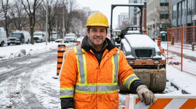 Road construction worker standing by steam roller in winter. Male infrastructure specialist on snowy urban street