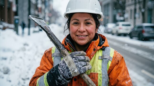 Road worker clearing snow in winter. Female municipal worker in safety jacket and hard hat holding a snow removal tool