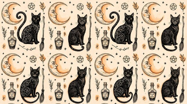 Black cat with moon and potion bottle pattern design isolated on white background