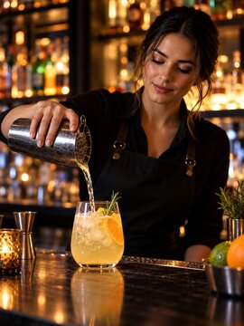 smiling mature hispanic female bartender pours chilled citrus cocktail from shaker into glass at warmly lit bar. mixology craft, refreshing drink preparation and evening hospitality.