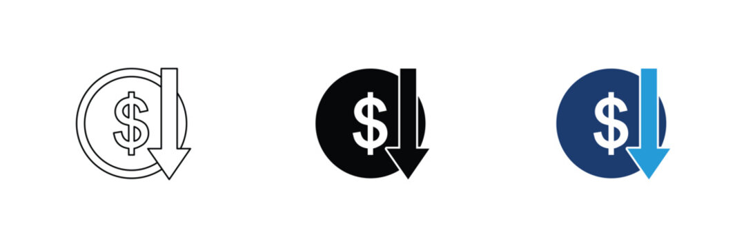 Dollar sign icon with downward trend arrow in outline and solid vector design.