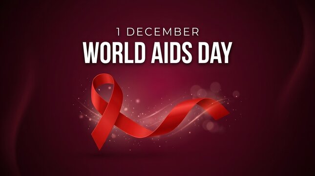 Decorative world aids day banner featuring red ribbon floating over deep maroon background with bokeh lights and particles for social awareness and health community.