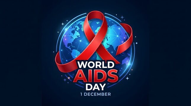 World aids day conceptual illustration featuring red awareness ribbon wrapped around blue earth globe icon with network connections on dark digital technology background.