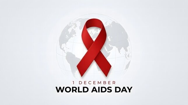Red ribbon symbol for world aids day on light background with subtle globe map illustration for international health awareness and medical prevention program advertising.