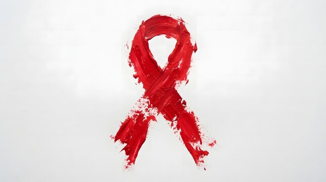 Artistic red awareness ribbon painted with thick brush strokes on white background for world aids day artistic promotion or creative healthcare awareness campaign concept.