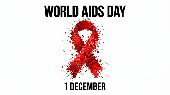 World aids day concept with red ribbon made of particles and splashes, highlighting december 1st, for hiv awareness and support.