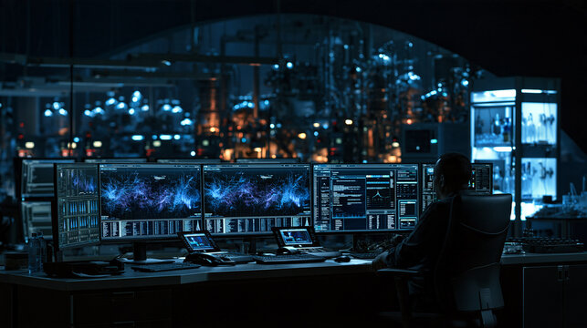 IT Specialist Monitoring Data in Futuristic Control Center
