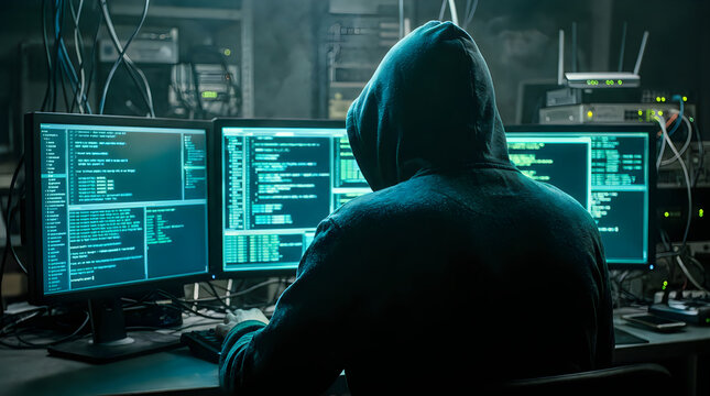 A person in a hooded sweatshirt working at multiple computer monitors with displaying lines programming sweatshirt sits front programming code dark