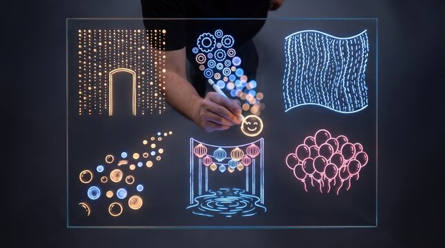 Hands drawing glowing icons of gears, smiley faces, bubbles, party lanterns and balloons on a dark mirror, vibrant New Year's Eve celebration
