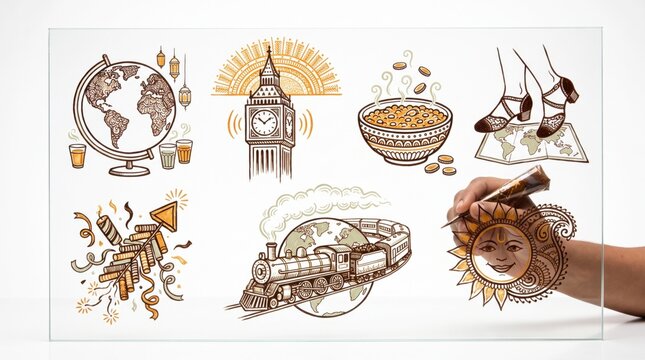 Hands interacting with icons of a world globe, clock tower, traditional food, travel shoes, fireworks and a train, New Year's Eve celebrations around the world