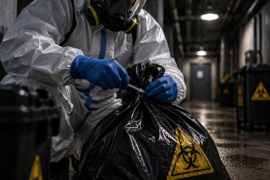 Hazmat worker seals biohazard waste bag in a secure industrial facility. Dangerous epidemic and infectious disease containment. Medical waste disposal and contamination control.