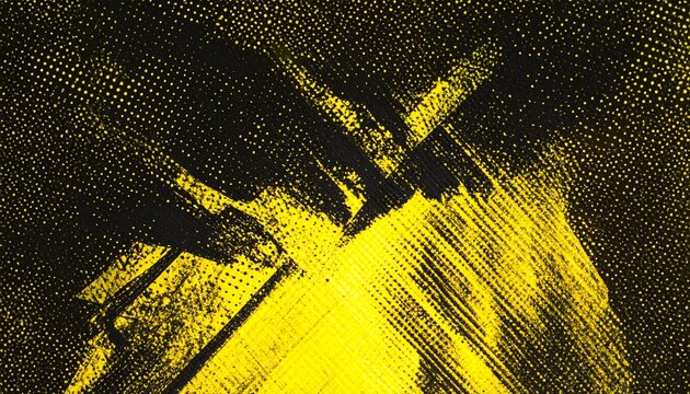 Black and yellow abstract background with brushstroke and halftone style.