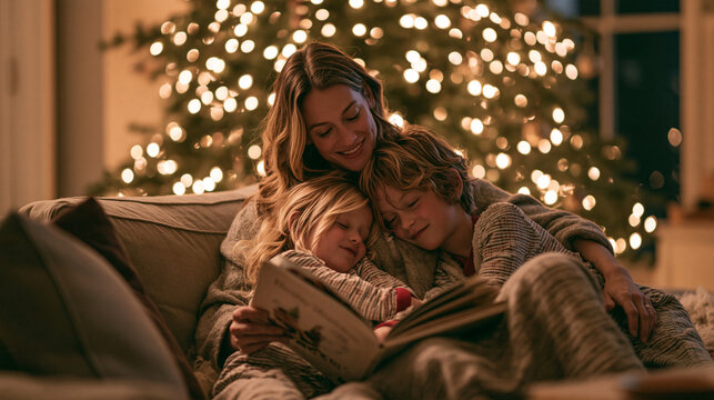 Mother Reading Christmas Story to Children on Sofa