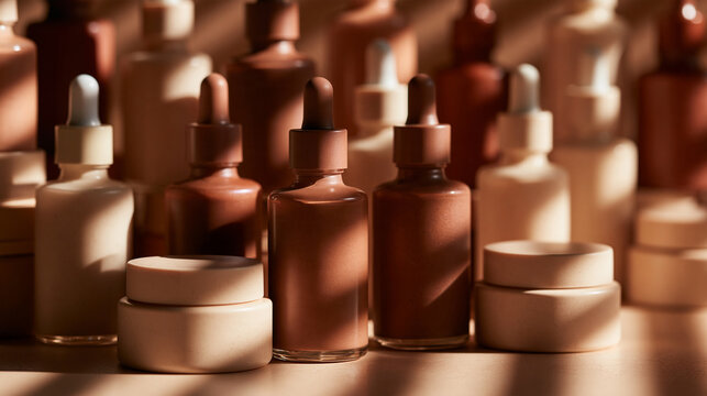 Diverse Liquid Foundation Bottles and Jars in Neutral Tones