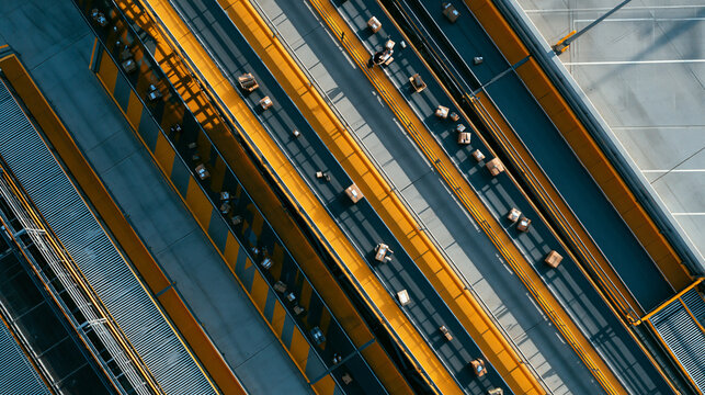 Aerial View of Automated Conveyor Belts Sorting Packages in Logistics Center