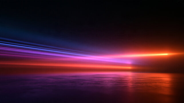 Abstract Neon Light Streaks on Dark Reflective Surface