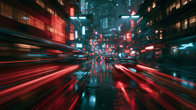 Futuristic Cyberpunk City Street with Motion Blur Traffic at Night
