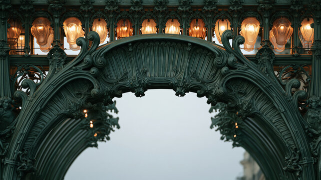Ornate Art Nouveau Metal Arch with Glowing Vintage Lights