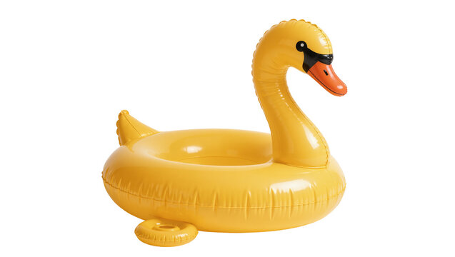 Yellow inflatable swan pool float with orange beak and black eyes, isolated on transparent background