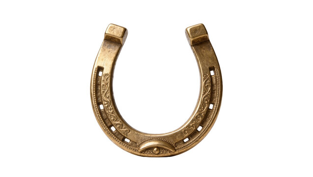 Antique ornate brass horseshoe with decorative engravings, isolated on transparent background