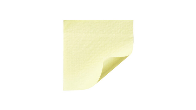 Yellow sticky note with curled corner, isolated on transparent background