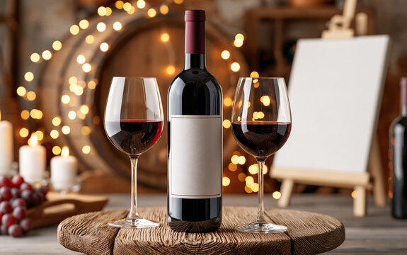 Red wine bottle and two glasses sit on wooden table in cellar. Empty easel waits for design, wine barrels in background.