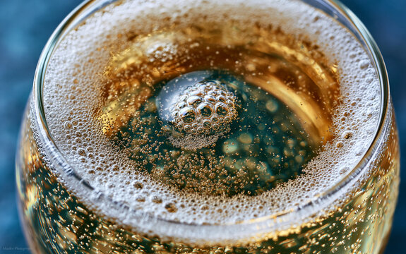 Close up of sparkling wine in glass with many bubbles rising. Golden bubbly champagne liquid fills crystal flute on dark blue background.