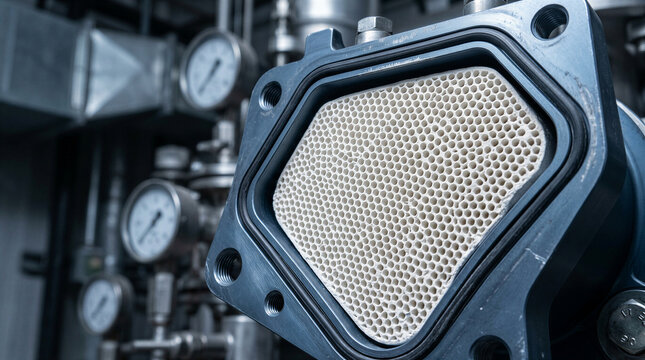 Porous honeycomb mineral adsorption filter module seated inside an open anodized aluminum manifold chamber in a carbon capture facility, concept of climate change mitigation and carbon removal