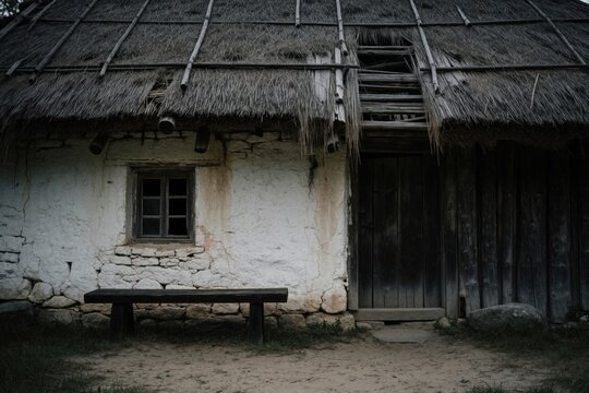 Old abandoned wooden cottage with thatched roof, white stone walls. Rustic farmhouse in rural village small window, wooden door. Empty bench sits in front of weathered hut near green grass,