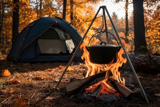 Metal pot hangs over campfire on tripod in autumn forest. Blue tent stands near burning wood flames. Outdoor cooking for hiking adventure. Meal preparation at campsite during fall trip. Warm fire
