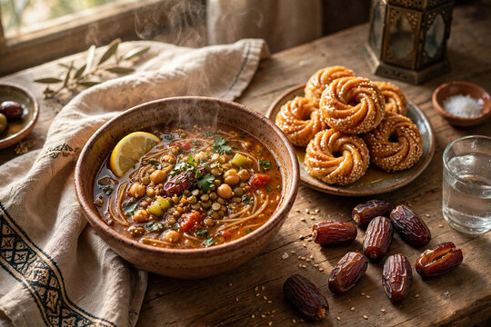 Traditional Moroccan harira soup with chebakia and dates for Ramadan