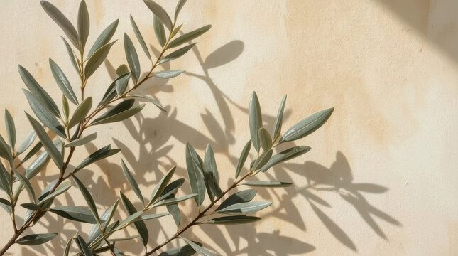 Olive branch shadow on warm plaster wall evokes calm natural elegance