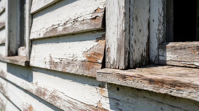 Close up of damaged wooden house siding. Old white paint peels off rotten wood planks. Weathered exterior wall shows cracks, moisture rot from water damage. Broken window frame needs repair, home