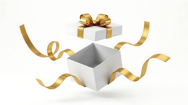 Opened White Surprise Gift Box with Floating Lid and Elegant Golden Ribbons Isolated on White Background