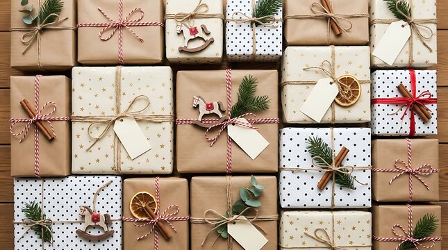 Top View of Various Christmas Gift Boxes Wrapped in Eco Friendly Paper with Rustic Decorations