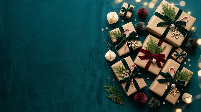 Elegant Christmas gift boxes wrapped in kraft paper with velvet ribbons on dark green background