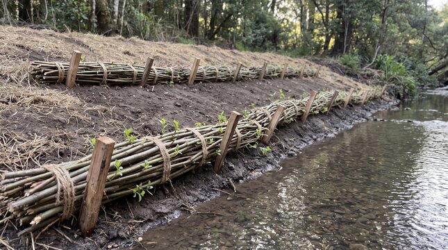 Live Willow Fascines Staked on Stream Bank for Erosion Control