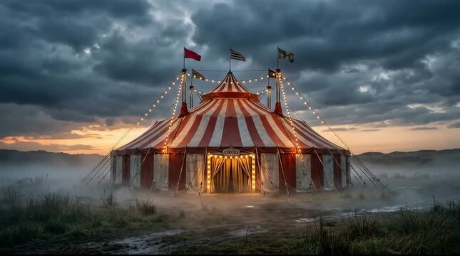 Cinematic wide angle shot of a classic red and white circus tent at dusk with mist and glowing lights