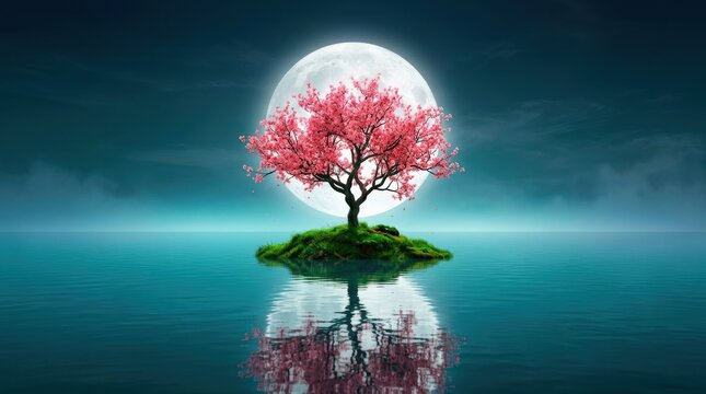 Solitary bright pink cherry blossom tree standing on a tiny emerald island in an infinite turquoise sea, enormous glowing white full moon perfectly centered behind the flowering crown, surreal fantasy