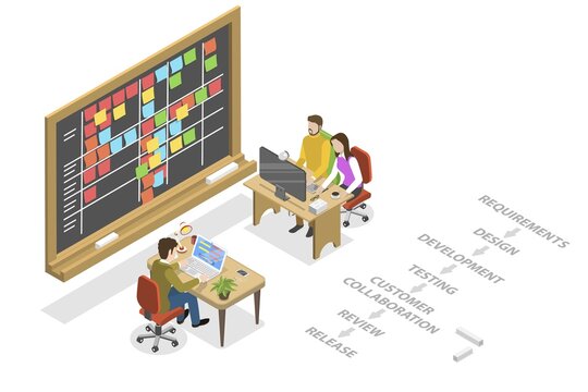 3D Isometric Flat Conceptual Illustration of Agile Development Methodology, Scrum Task Board