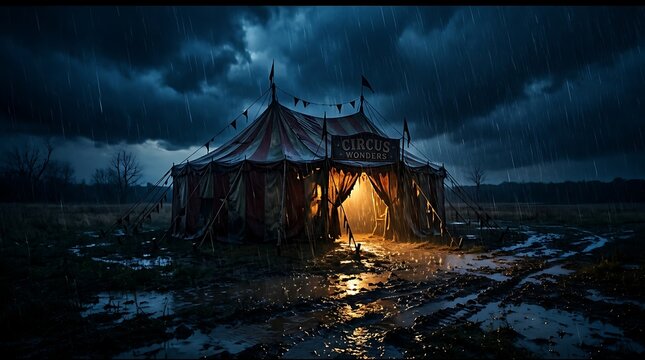 Eerie Glowing Circus Wonders Tent in a Muddy Field Under a Dark Stormy Sky with Heavy Rain at Night