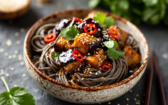 Delicious soba noodles with glazed eggplant in sweet, sour sauce. Cooked buckwheat pasta topped with fresh cilantro, red chili slices.