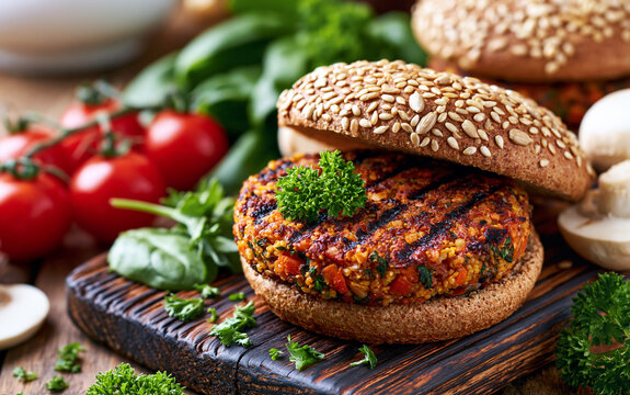 Delicious veggie burger with grain patty on whole wheat bun. Grilled plant based hamburger served with cherry tomatoes, spinach leaves