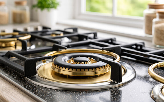 Close up of modern stainless steel gas cooker with brass burners. Metal stove top in bright domestic kitchen. Clean cooking appliance surface with black iron grates.